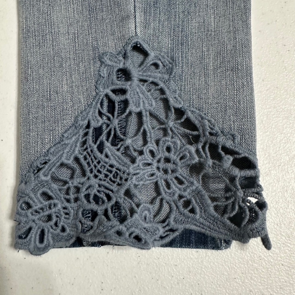Soft Surroundings Lace Hem Slim Straight Jeans Medium Wash Denim Blue Boho 12T - Picture 6 of 8